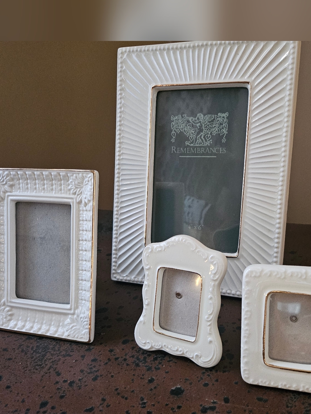 Remembrances 4x6 Antique White Ceramic Picture Frame with Gold Trim Plus More